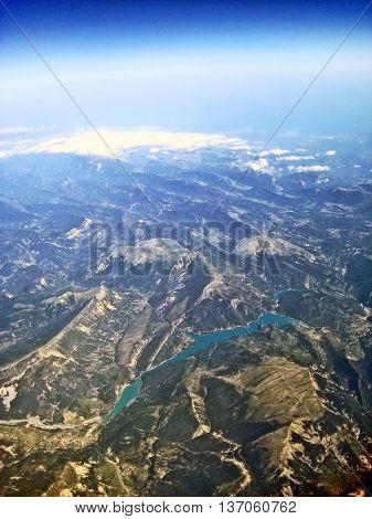 Aerial view over lake Lac de Castillon southern France