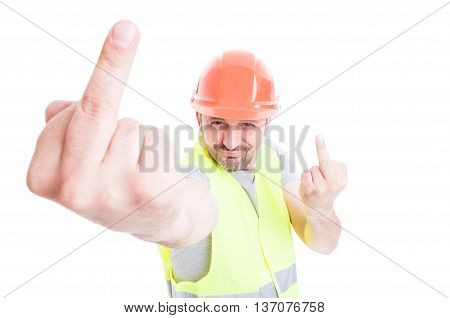 Ironic Attractive Constructor Doing Double Offensive Gesture