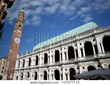 Vicenza, Italy. Ancient Tower Of Monument Called Basilica Pallad