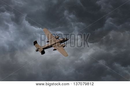 Unmarked bomber flying in the stormy sky