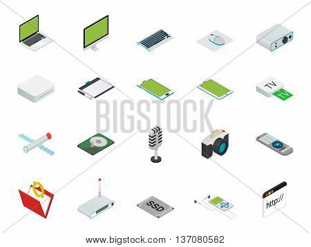 Flat 3d isometric computerized technology designer workspace infographic concept vector. Tablet, laptop, smart phone, camera, player, desktop computer, peripheral devices icon set.