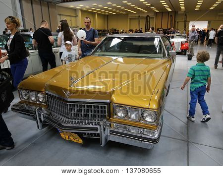 CRACOW POLAND - MAY 21 2016: Cadillac displayed at 3rd edition of MOTO SHOW in Cracow Poland. Exhibitors present most interesting aspects of the automotive industry