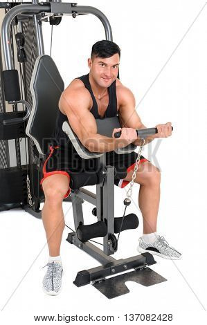 Handsome young man doing sitting biceps curl with t-bar workout, isolated on white background