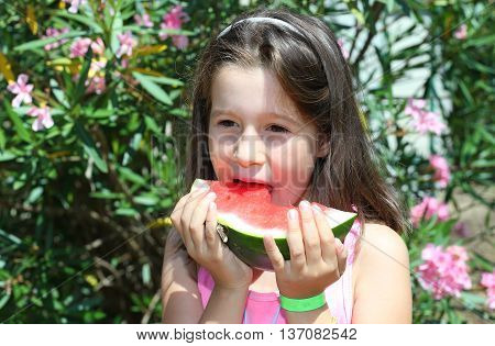 Pretty Little Girl With Long Brown Hair Eating A Slice Of Waterm