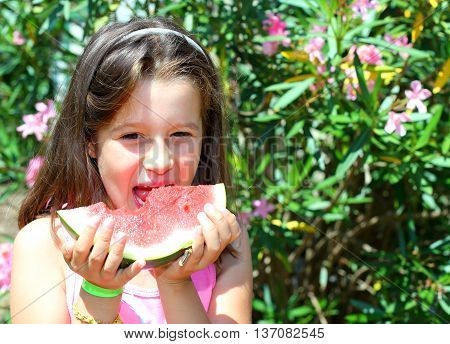 Little Girl With Long Brown Hair Eating A Slice Of Ripe Watermel