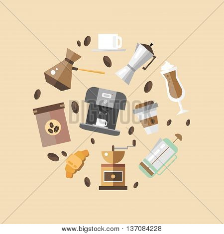 Set of coffee devices for coffee shop in flat style. Coffee icons - vector illustration. Devices for making coffee.