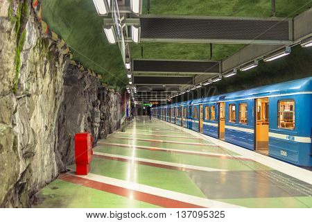 Stockholm Sweden - March 31, 2016: Stockholm Subway.  Interior Of Radhuset Station. Radhuset Metro S