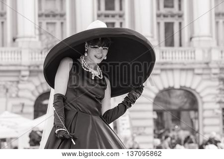 Bucharest Romania - June 10 2016: Audrey Hepburn at B-FIT in the Street. B-FIT is a cultural event that involves international artists and acrobats who act in theater plays on street.