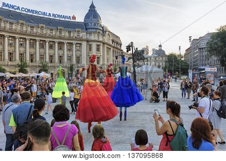 Bucharest, Romania - June 10, 2016: Ballerinas show at B-FIT in the Street. B-FIT is a cultural event that involves international artists and acrobats who act in theater plays on street.