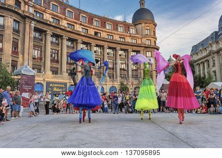 Bucharest Romania - June 10 2016: Ballerinas show at B-FIT in the Street. B-FIT is a cultural event that involves international artists and acrobats who act in theater plays on street.