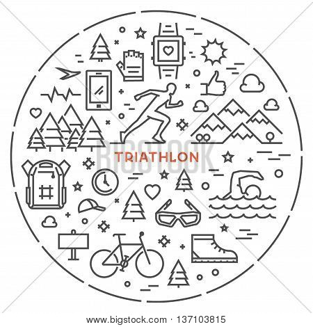 Line round concept for triathlon. Vector linear prints on T-shirts for triathlon. Open path.
