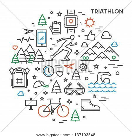 Line round concept for triathlon. Vector linear prints on T-shirts for triathlon. Open path.