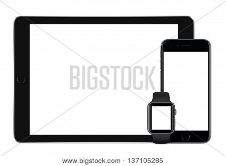 Varna Bulgaria - March 10 2016: Apple Space Gray iPad Pro Apple iPhone 6S and Apple Watch mockup front view on white background. Technology set for responsive design presentation.