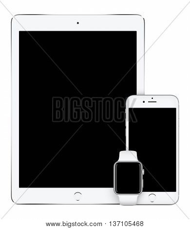 Varna Bulgaria - March 10 2016: Apple Silver iPad Pro Apple iPhone 6S and Apple Watch vertical mockup front view with blank screen. Isolated on white background.