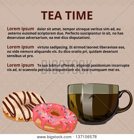 tea time menu tea cup and donuts, background for the menu, vector illustration ornamental background, cup