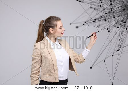 Worldwide network or wireless internet connection futuristic concept. Woman working with linked dots.