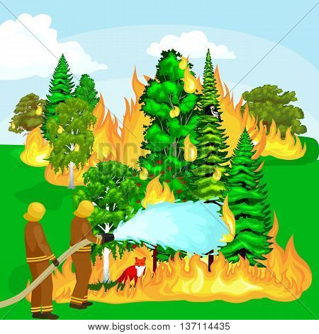 Firefighters in protective clothing and helmet with helicopter extinguish with water from hoses dangerous wildfire.Man fighter rescue helicopter put out the fire in forest landscape damage vector