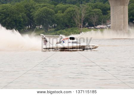 Madison Indiana - July 2 2016: Cal Phipps drives the Wiggins Racing U-27 in the Morgan Foods Unlimited Heat 1B at the Madison Regatta in Madison Indiana July 2 2016.