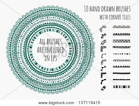 Vector set of ten hand drawn brushes with corner tiles. Pattern of different colors for frames, borders, dividers and design elements. Vector isolated illustration. Brushes are included in eps.