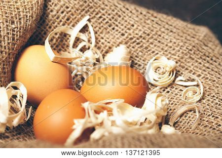 Three Domestic Eggs On Sackcloth