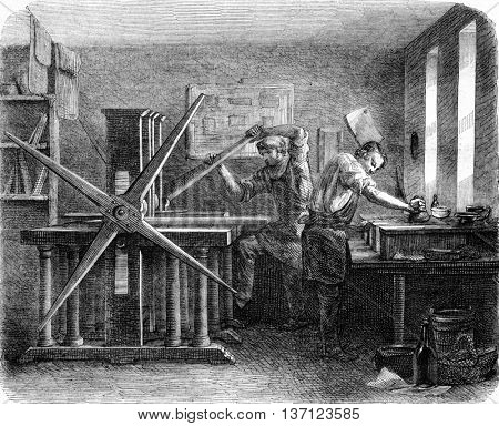 Workshop printers intaglio, vintage engraved illustration. Magasin Pittoresque 1852.