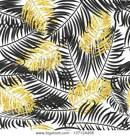 Palm leaves seamless pattern in black and gold colors. Tropical vector background with sparkling palm leaves.