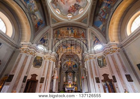 BRUNATE, ITALY - MAY 2016: St. Andrew the Apostle Church is a sacred building site in Brunate, in the province of Como. Scenic arhitectural background. Europe.
