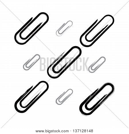 Set of hand-drawn simple vector attachment icons monochrome brush drawing realistic staple symbols black and white hand-painted stationary signs isolated on white background.