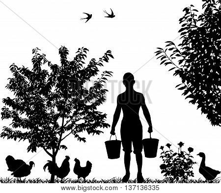 Silhouette of young man with buckets in hands