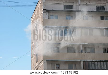 MOSCOW RUSSIA JULY 07. 2016: - Big fire in apartment building on Pavla Korchagina street 7