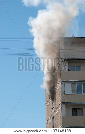 MOSCOW RUSSIA JULY 07. 2016: - Big fire in apartment building on Pavla Korchagina street 7 late stage