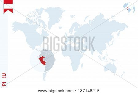 Blue World Map With Magnifying On Peru.