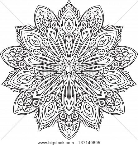 Abstract Vector Black Lace Design In Mono Line Style - Septangular Mandala, Ethnic Decorative Elemen