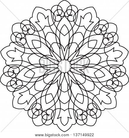 Abstract vector black lace design in mono line style - septangular mandala, ethnic decorative element.
