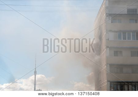 MOSCOW RUSSIA JULY 07. 2016: - Big fire in apartment building on Pavla Korchagina street 7 late stage