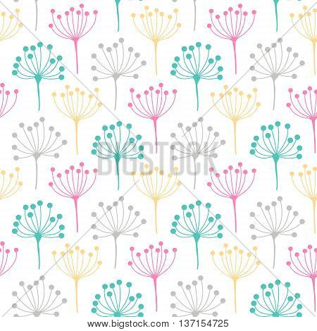 Inflorescence dill. Vector seamless pattern with flower inflorescence. Cute floral background. Light colors - pink yellow green and grey on white background.