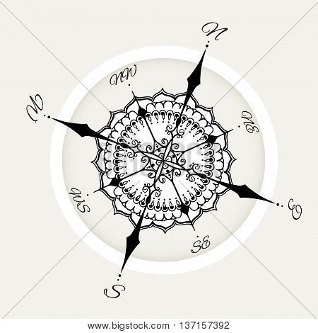 Graphic Wind Rose Compass Drawn With Floral Elements