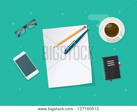 Empty paper sheet with pencil pen on workdesk vector illustration top view, concept of working table of student or pupil, flat education things on green color background