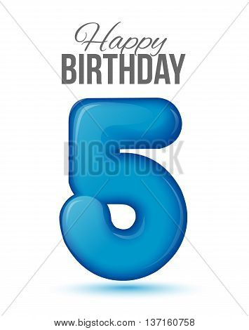 Sample greeting card to the 5 th anniversary. Air 3D red numbers from the figures. Invitation card to the party with balloons on a white background. Suitable for printing, web delivery, the jubilee
