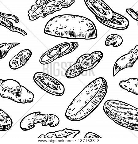 Seamless pattern ingredients burger include cutlet tomato cucumber and salad. Vector vintage engraving illustration for poster menu web banner info graphic. Isolated on white background.