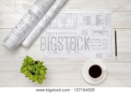 Drawing sketches, cup of coffee and houseplant are on wooden surface. Top view compositin. Workplace of architect or constructor. Engineering work. Construction and architecture. Architect drawing. Exact calculation. Office workplace. Increase working eff