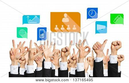Many hands of businesspeople showing different gestures isolated on white