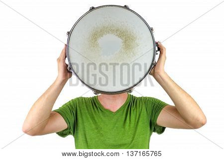 Man holding a snare drum over his head
