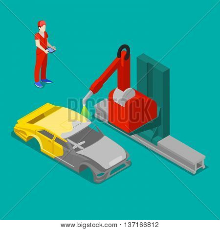 Robot Painting Car Body in Automobile Factory. Isometric Transportation. Vector illustration