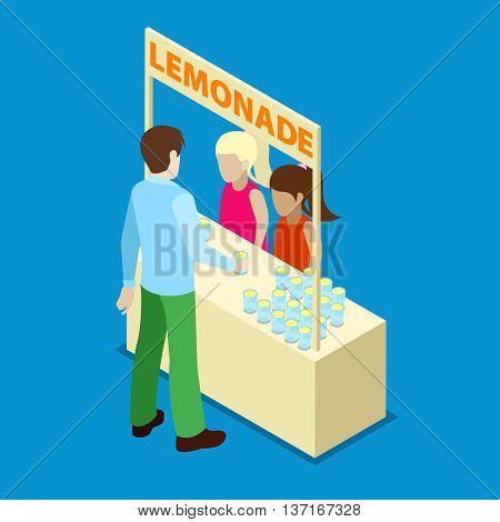 Two Girls in Outdoor Homemade Lemonade Stand. Isometric People. Vector illustration