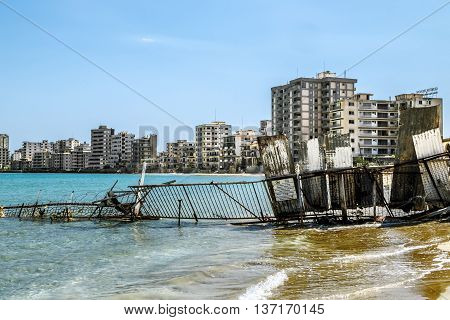 May 24 2016.Famagusta.Abandoned hotels and the beach at Varosha in Famagusta .Northern Cyprus.