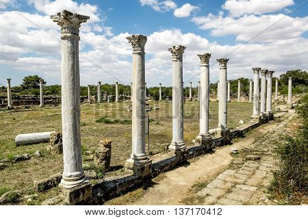 May 24 2016.Famagusta.Ruins and ancient columns in the ancient city of Salamis in Famagusta.Northern Cyprus.