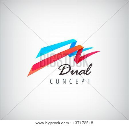 Vector dual concept logo, 2 3d flying ribbons logo, abstract two parts icon isolated. Red and blue colors, perspective dynamic