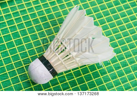 White shuttlecock on yellow racket net and green floor.