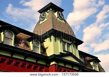Bennington Vermont -September 18 2014: Mansaard roof clock tower of the 1880 North Bennington Railway Station